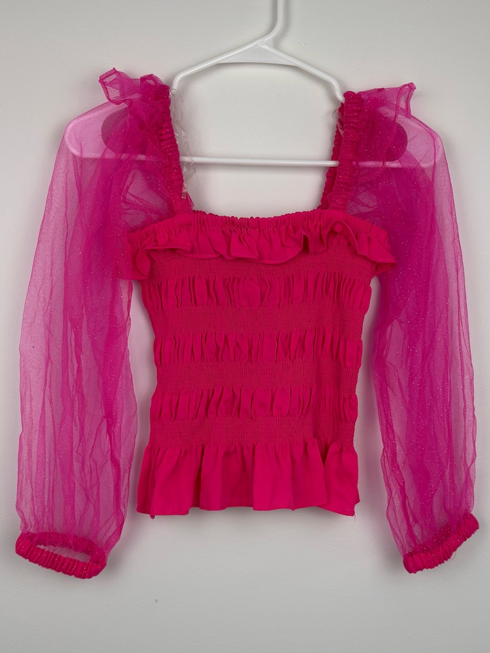 Jess Lea Electric Pink Smocked Princess Small Top Sheer Sparkle Sleeves Fairy